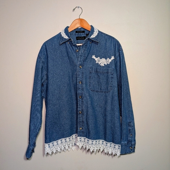 Blue‎ Denim Shirt with Lace embroidery Size M - Picture 1 of 6